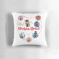 Hazbin Hotel and Falsettos themed throw pillow with characters like Angel Dust, Husk, and Alastor