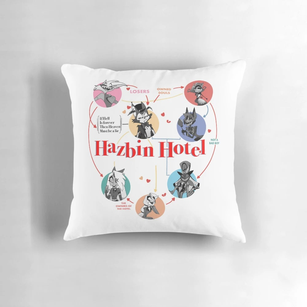 Hazbin Hotel and Falsettos themed throw pillow with characters like Angel Dust, Husk, and Alastor