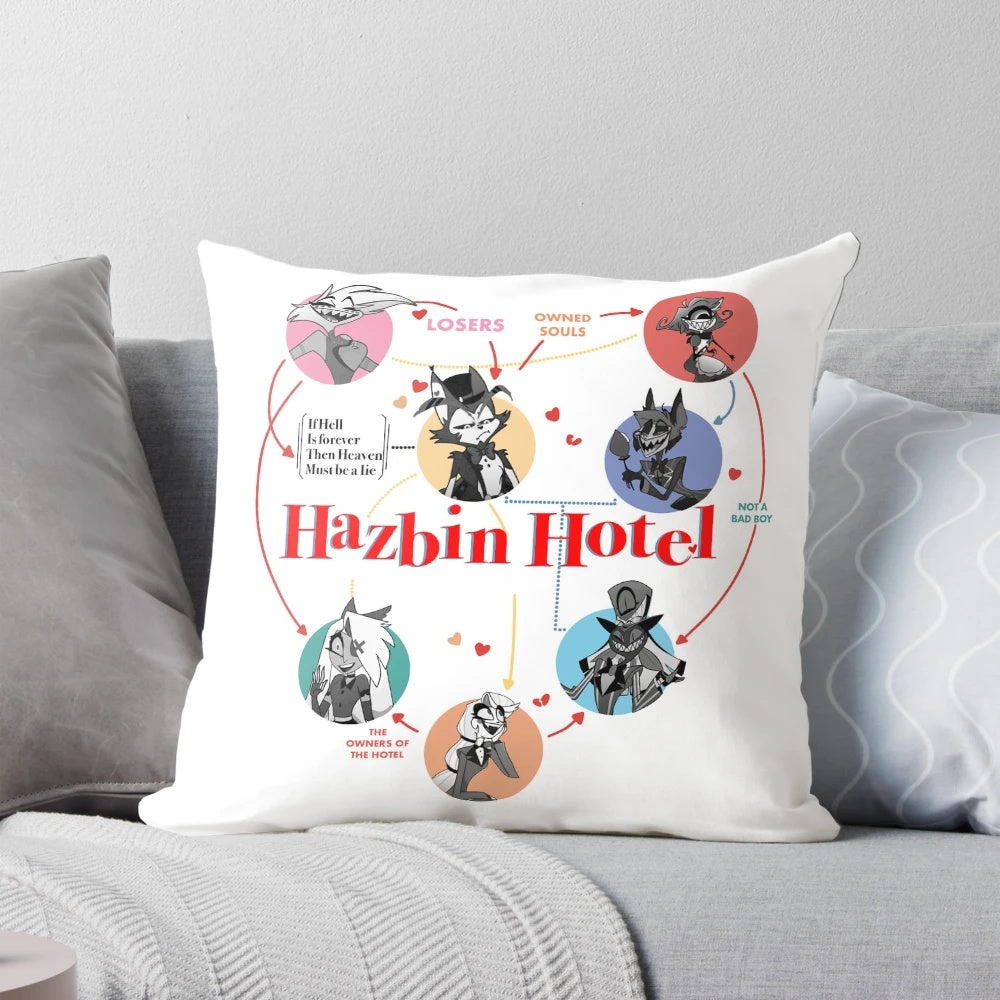 Hazbin Hotel and Falsettos themed throw pillow with characters like Angel Dust, Husk, and Alastor