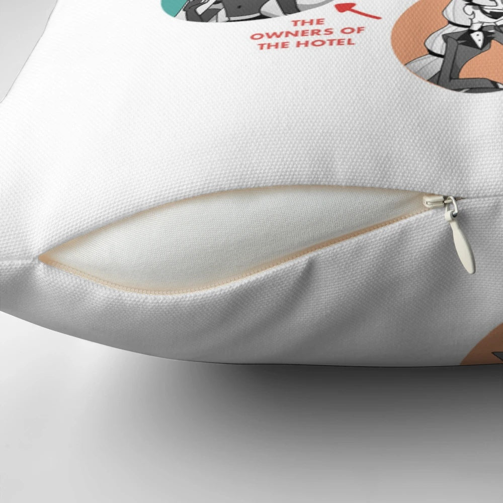Hazbin Hotel and Falsettos themed throw pillow with characters like Angel Dust, Husk, and Alastor