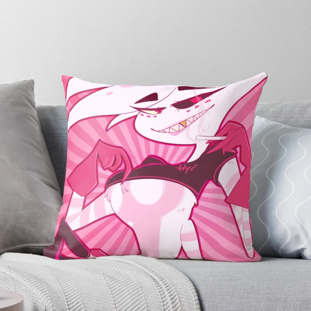 "Soft, plush pillow featuring Hazbin Hotel character Angel Dust in a playful 'Yes Daddy?' pose"