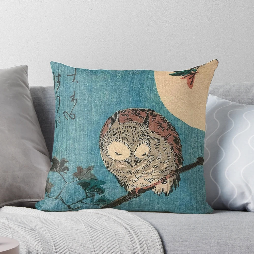 High-definition image of a small horned owl perched on a maple branch under a full moon, created by the Japanese artist Utagawa Hiroshige.