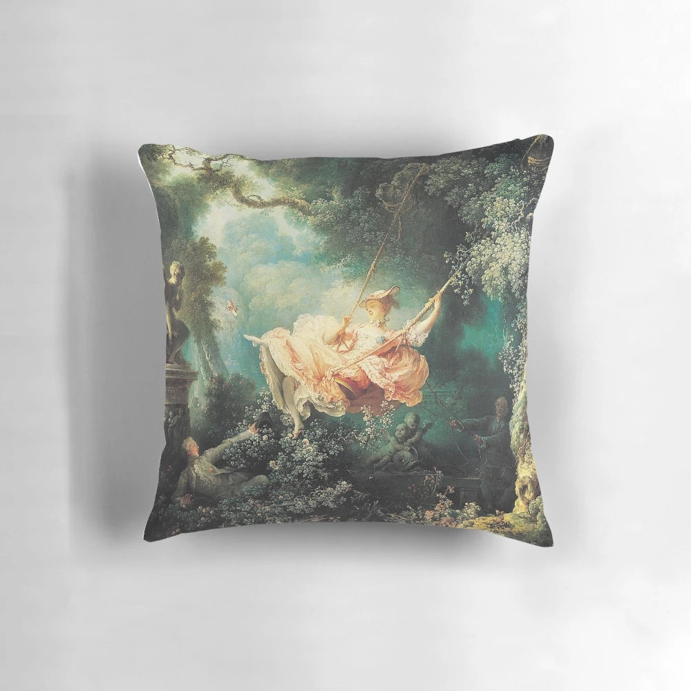 High definition pillow featuring 'The Swing' painting by Baroque artist Jean Honoré Fragonard