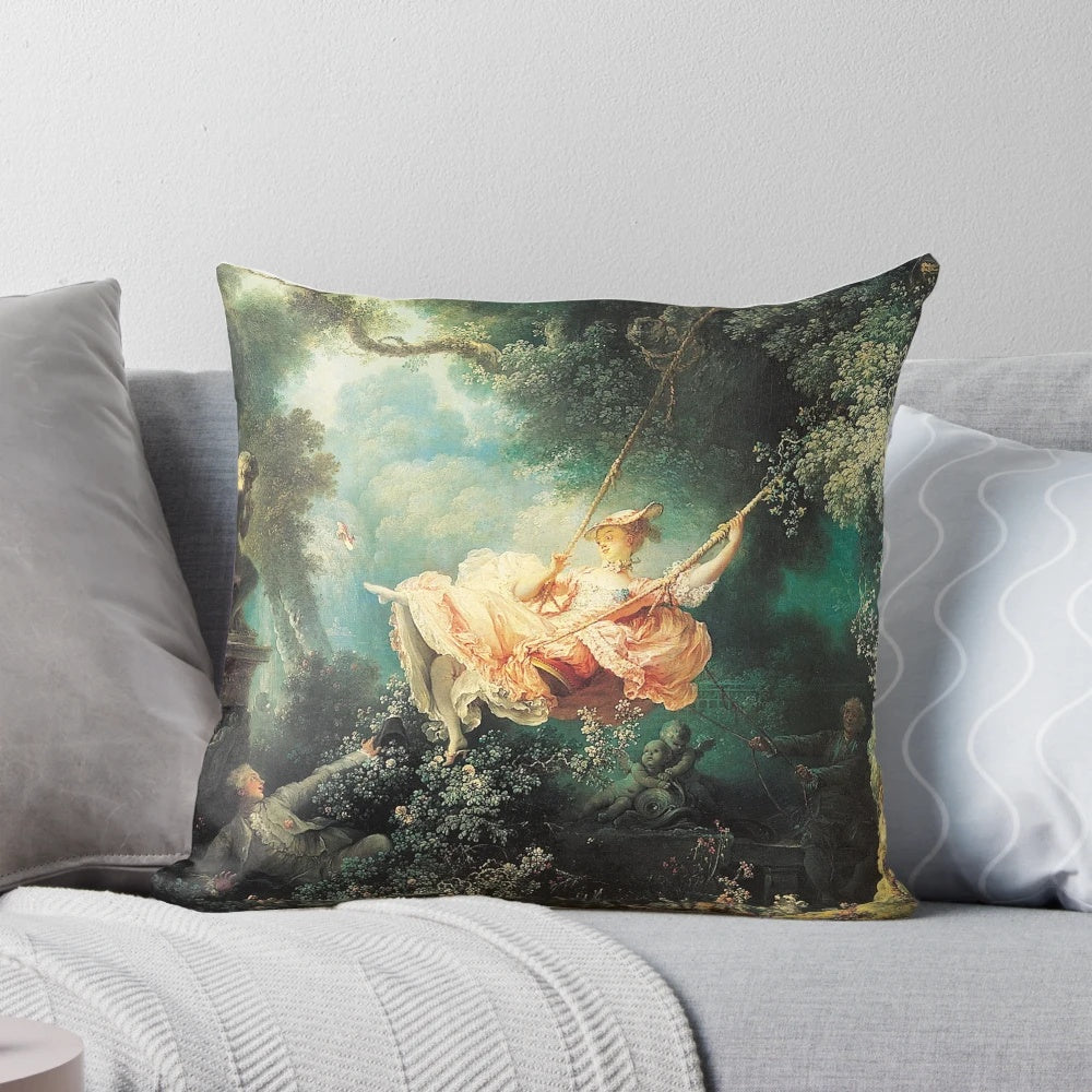 High definition pillow featuring 'The Swing' painting by Baroque artist Jean Honoré Fragonard