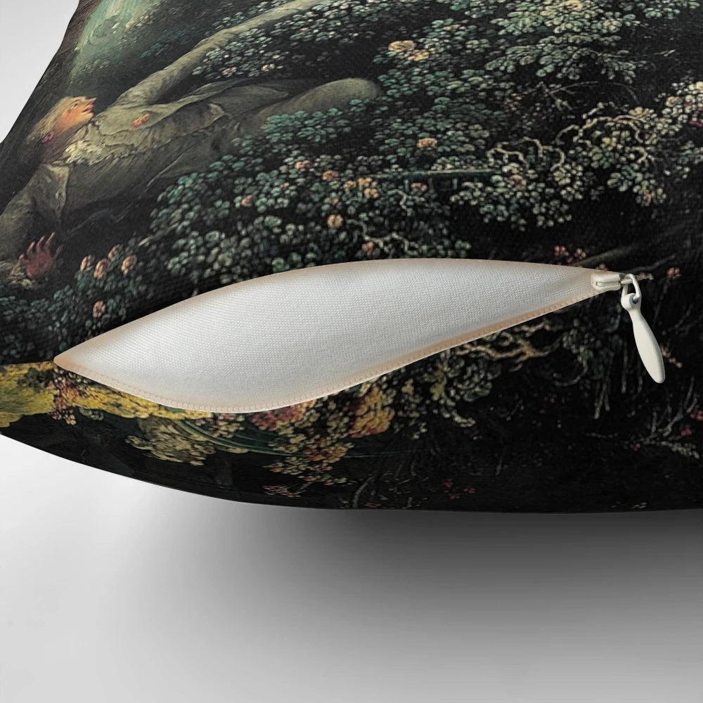High definition pillow featuring 'The Swing' painting by Baroque artist Jean Honoré Fragonard