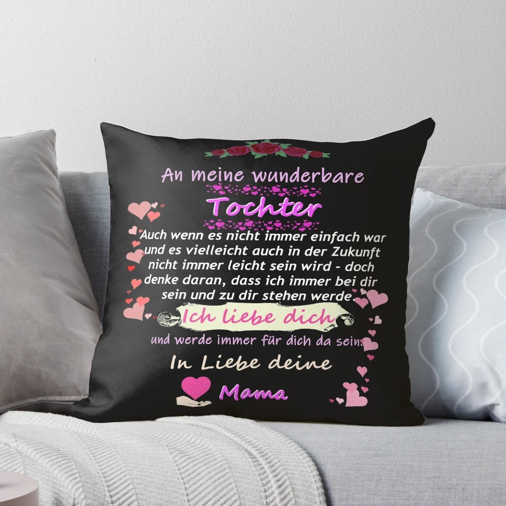 A blue throw pillow with a heartwarming mother-daughter quote