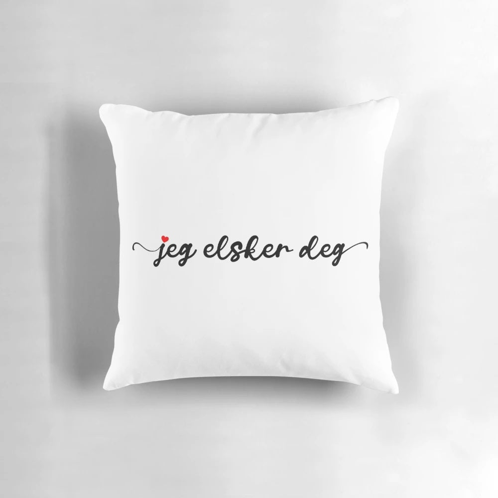 Calligraphy pillow with the Norwegian phrase "Jeg elsker deg" meaning "I love you