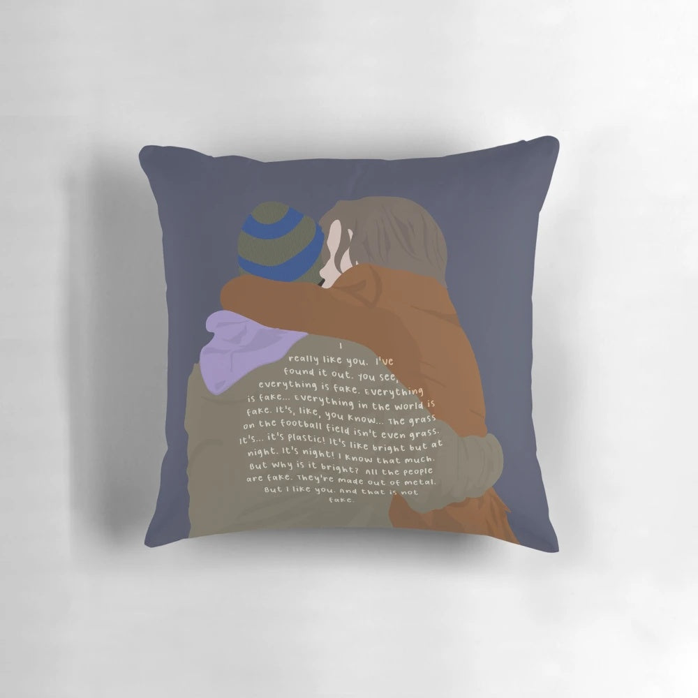 A minimalist throw pillow with line art quotes from the popular Netflix series "Young Royals
