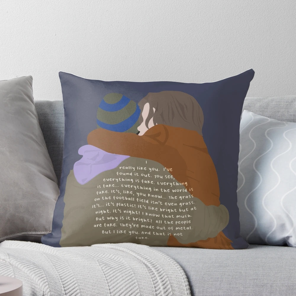 A minimalist throw pillow with line art quotes from the popular Netflix series "Young Royals