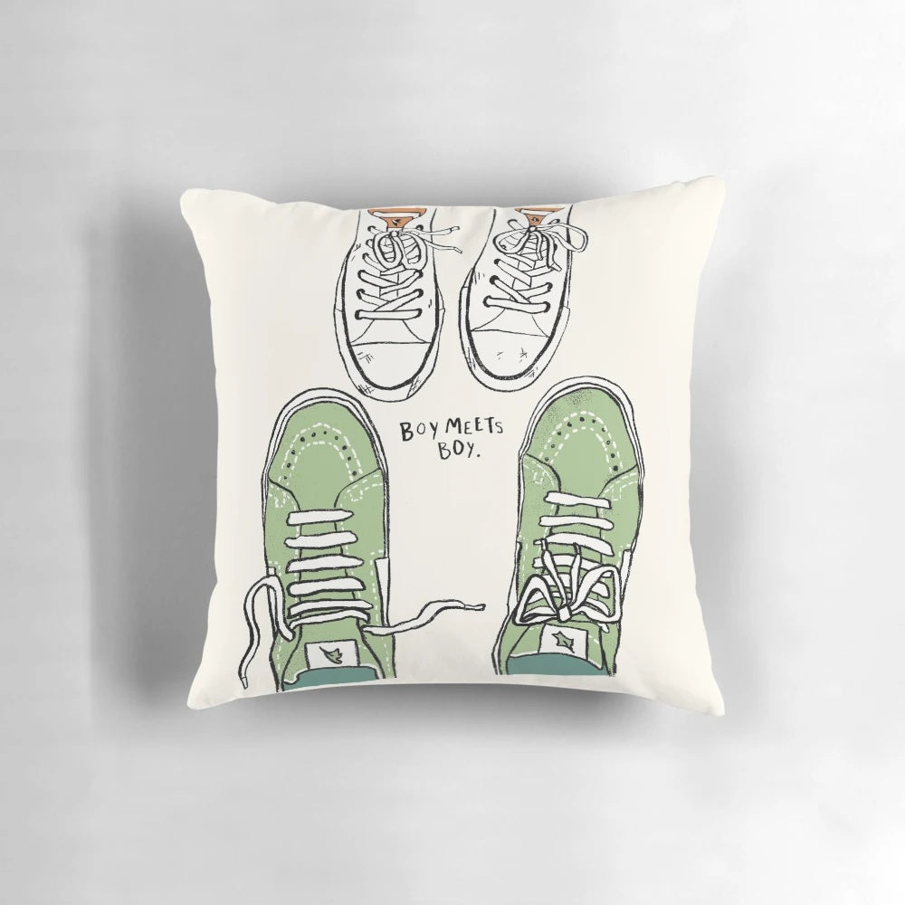 Heartstopper-themed pillow with an illustration of two boys wearing "boy meets boy" style shoes