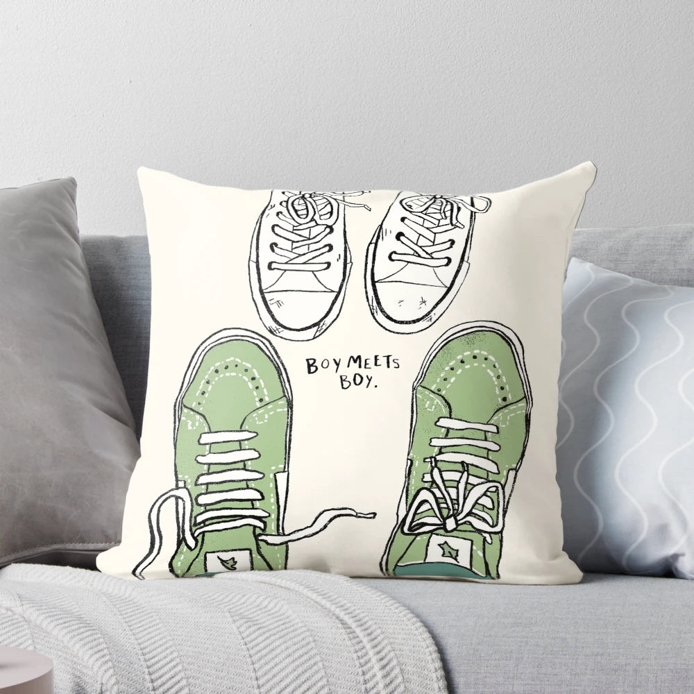 Heartstopper-themed pillow with an illustration of two boys wearing "boy meets boy" style shoes