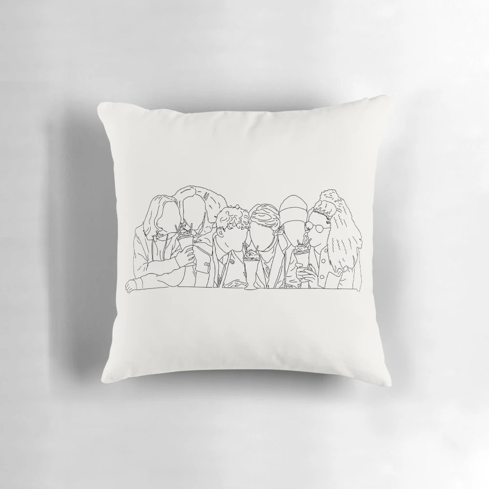 Heartstopper inspired lineart design printed on a high-quality throw pillow, featuring the main characters from the Netflix series.
