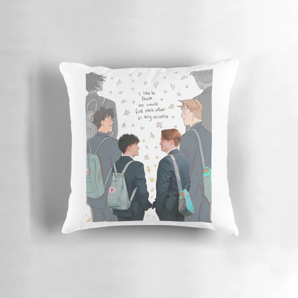 A cozy pillow featuring the characters Nick Nelson and Charlie Spring from the Netflix series Heartstopper.
