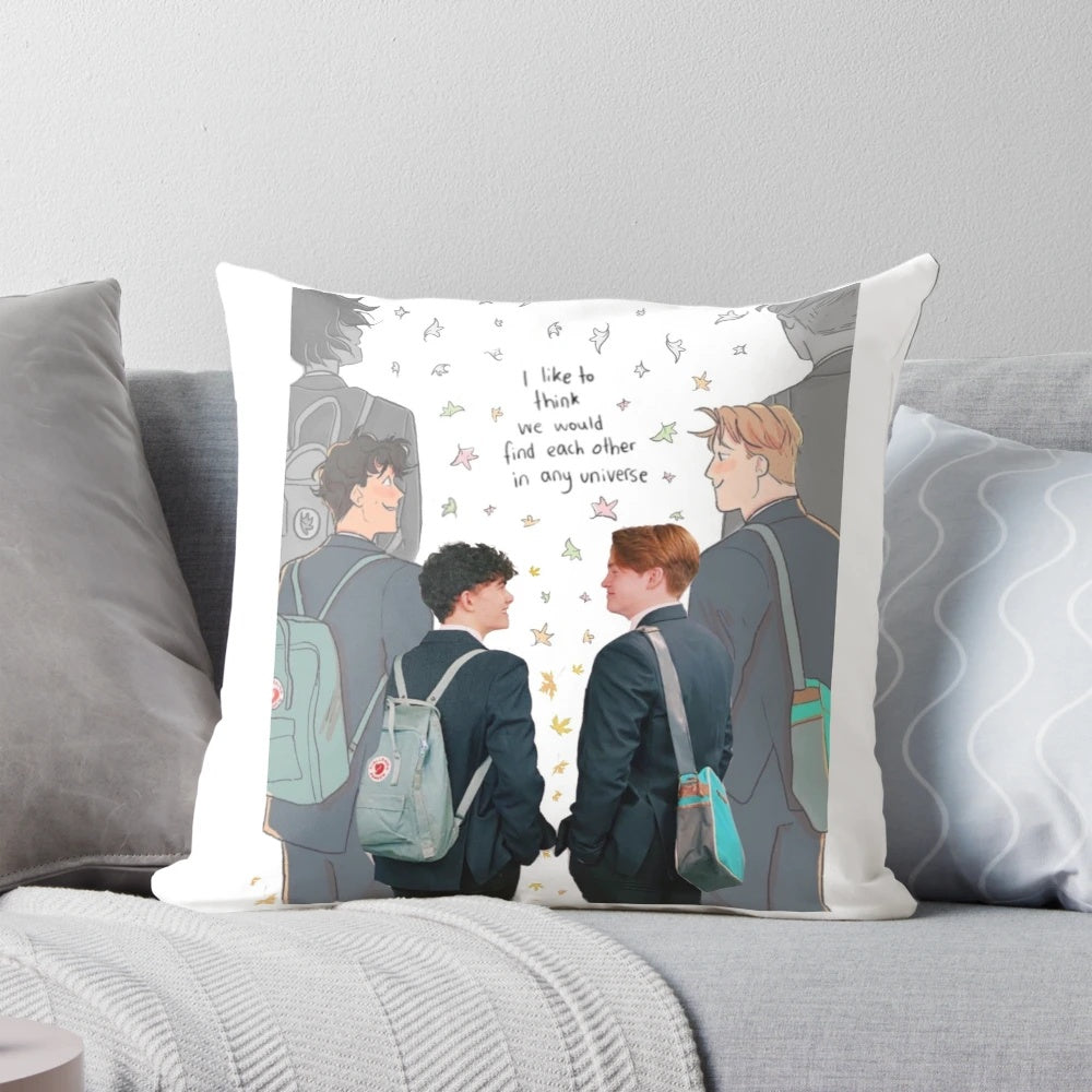 A cozy pillow featuring the characters Nick Nelson and Charlie Spring from the Netflix series Heartstopper.