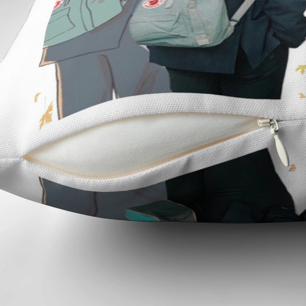 A cozy pillow featuring the characters Nick Nelson and Charlie Spring from the Netflix series Heartstopper.