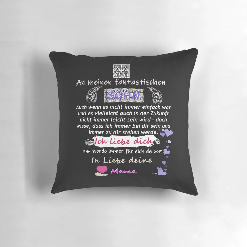 Soft blue pillow with a heartfelt mother and son design and text