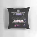 Soft blue pillow with a heartfelt mother and son design and text