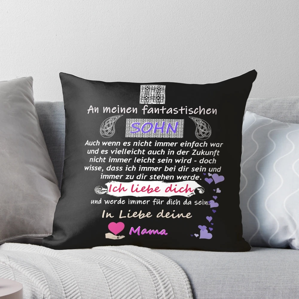 Soft blue pillow with a heartfelt mother and son design and text