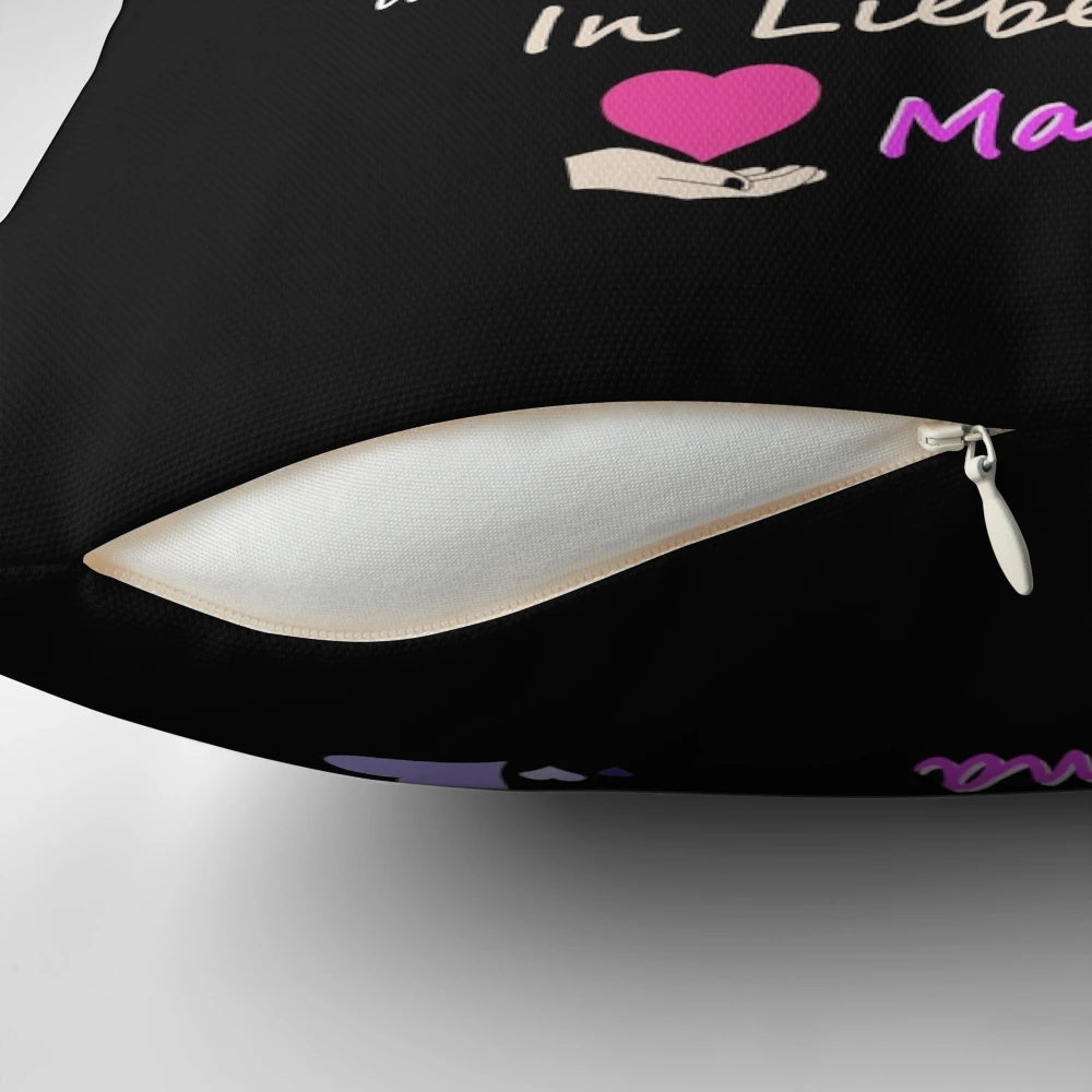 Soft blue pillow with a heartfelt mother and son design and text