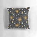 Soft, glowing celestial-themed pillow with moon, stars, and galaxies