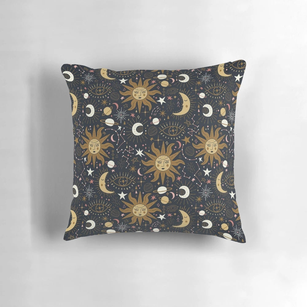 Soft, glowing celestial-themed pillow with moon, stars, and galaxies