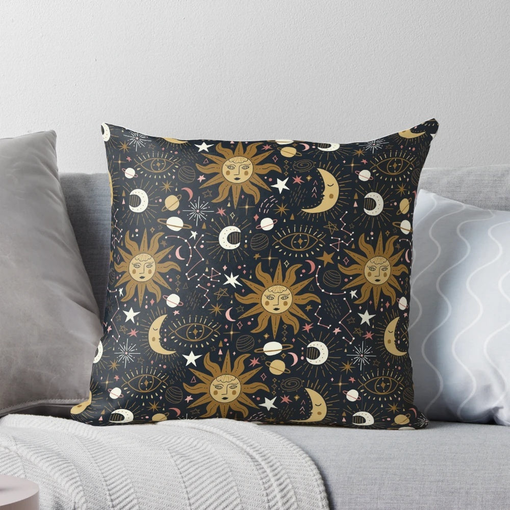 Soft, glowing celestial-themed pillow with moon, stars, and galaxies