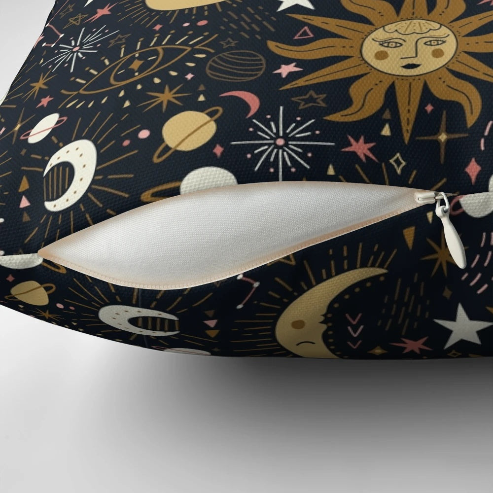 Soft, glowing celestial-themed pillow with moon, stars, and galaxies