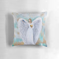 A beautiful pillow depicting a guardian angel with serene blue bird in a rose garden, symbolizing divine protection and spiritual connection.