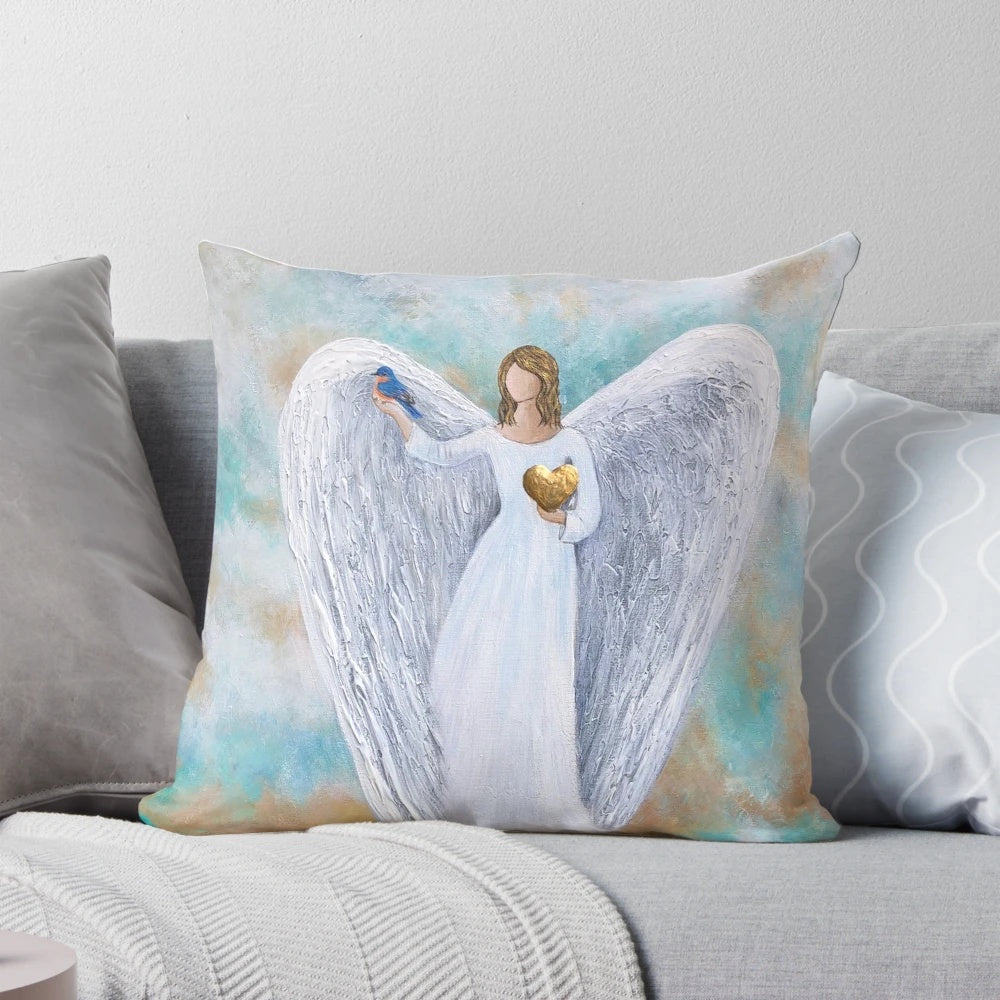 A beautiful pillow depicting a guardian angel with serene blue bird in a rose garden, symbolizing divine protection and spiritual connection.