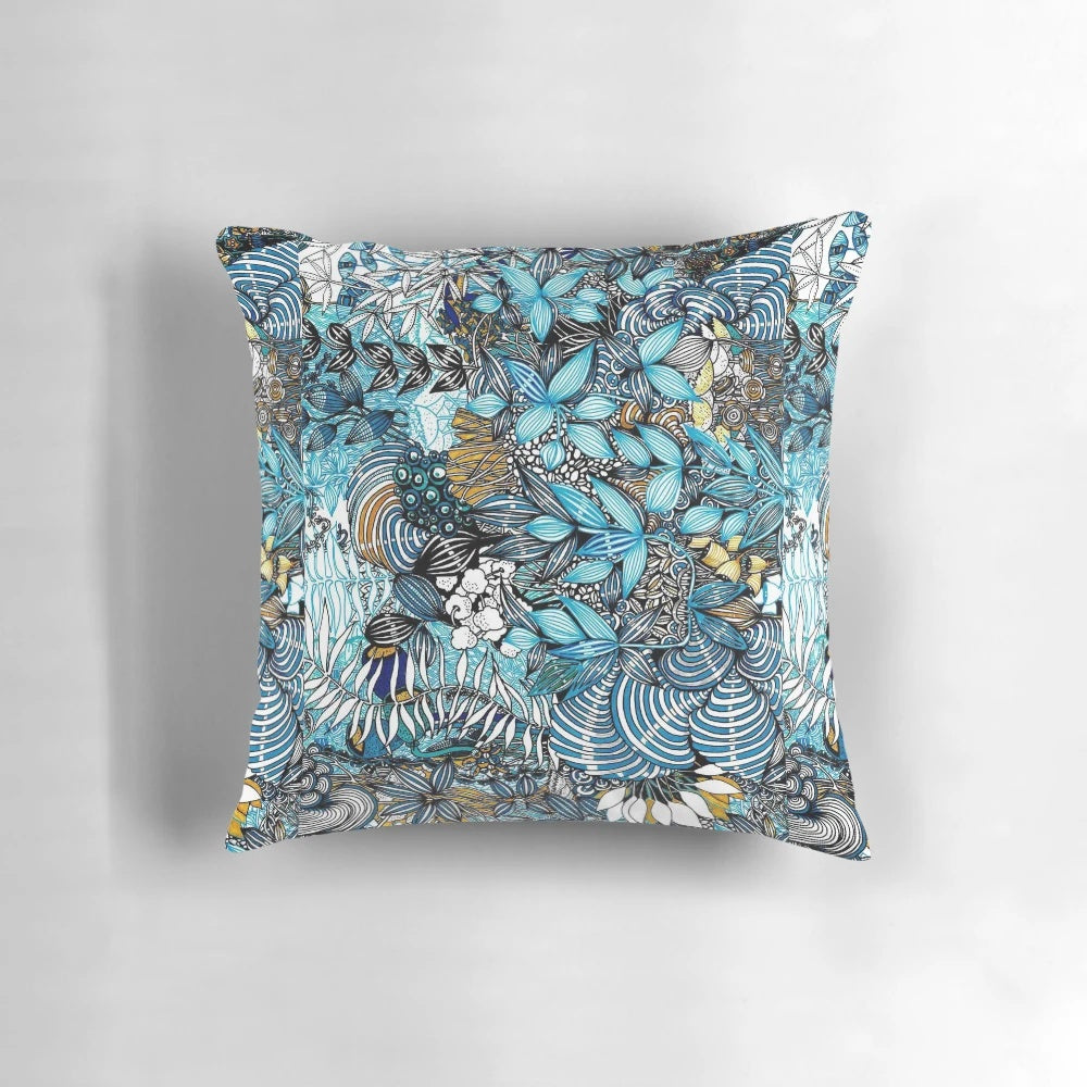 A soft, fluffy pillow in shades of blue and white, evoking the serene beauty of the sky.