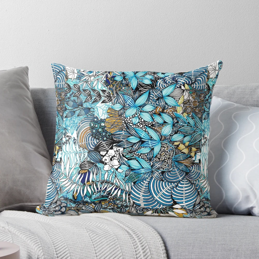 A soft, fluffy pillow in shades of blue and white, evoking the serene beauty of the sky.