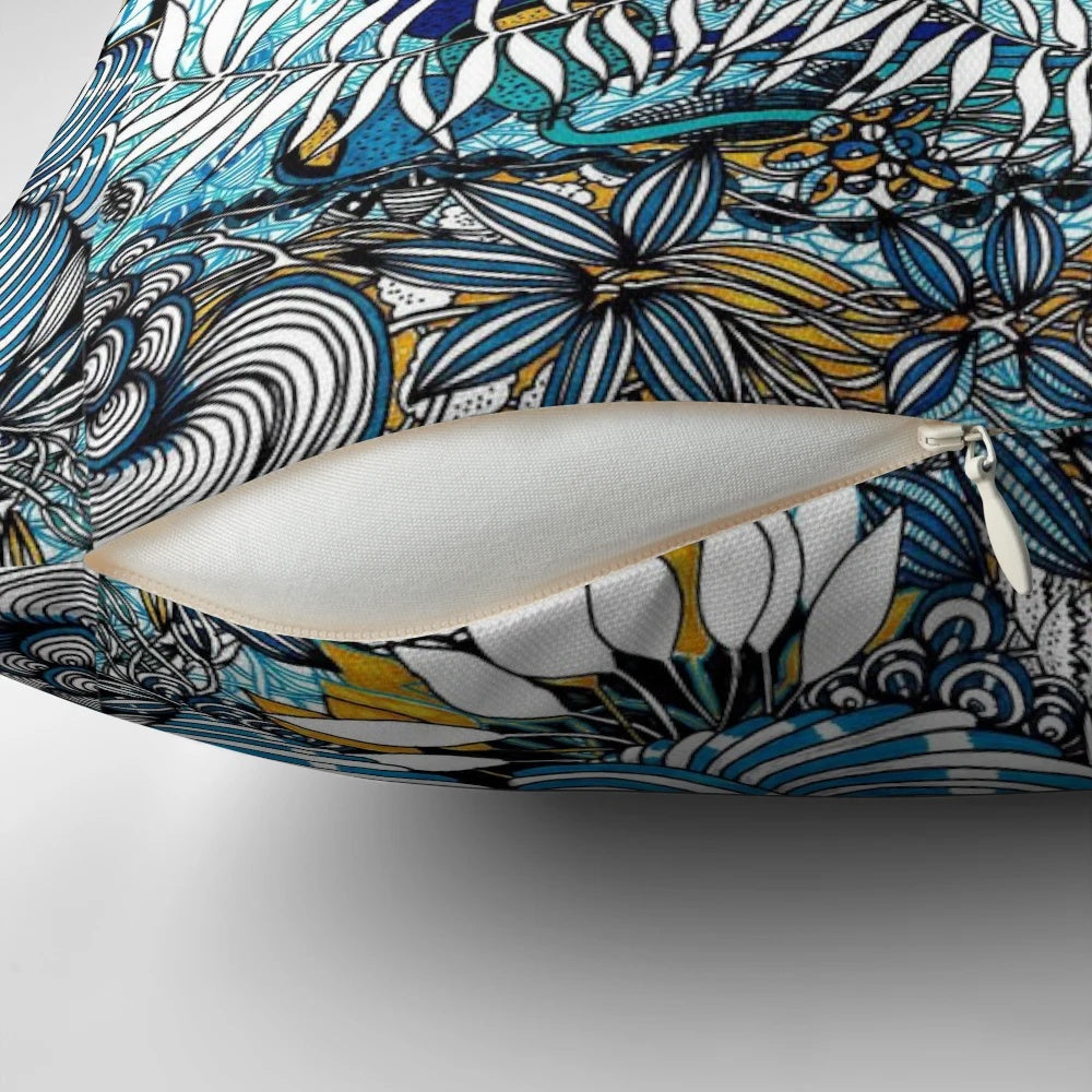 A soft, fluffy pillow in shades of blue and white, evoking the serene beauty of the sky.