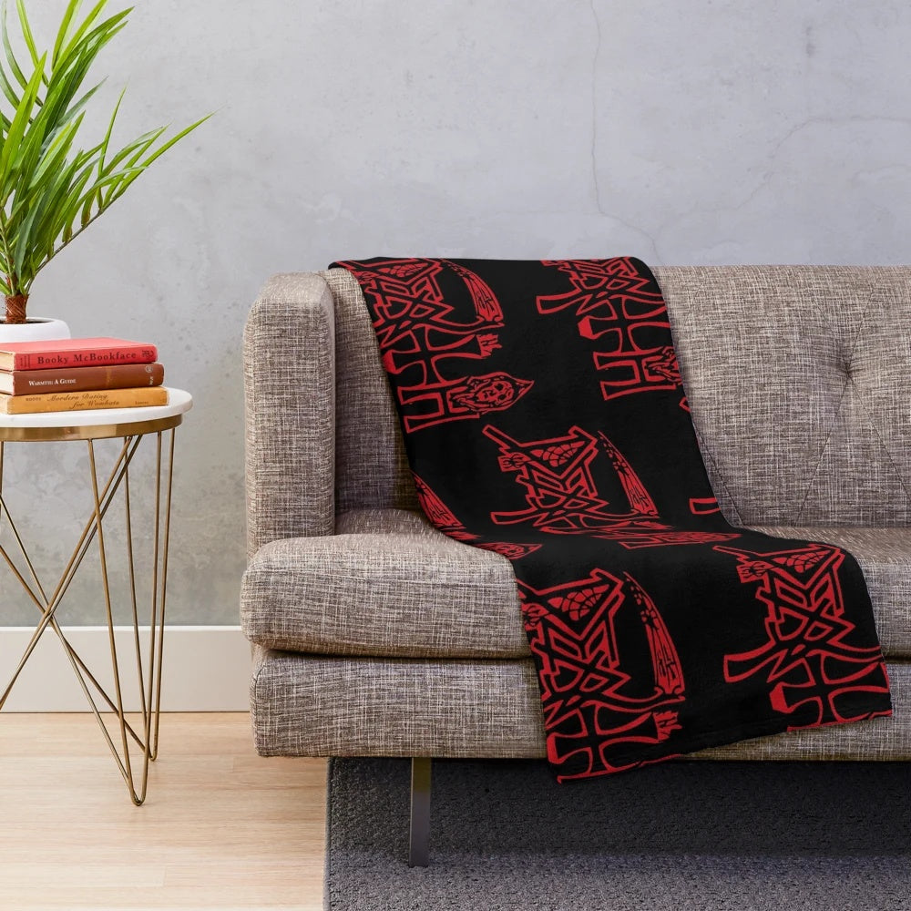 Heavy metal death logo printed on a soft plush blanket