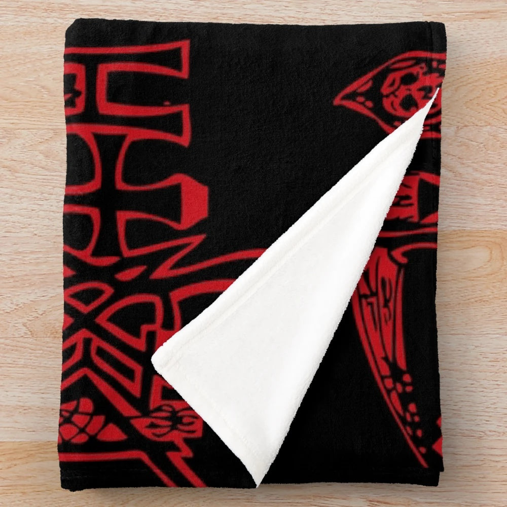 Heavy metal death logo printed on a soft plush blanket