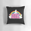 Colorful pillow design featuring a unicorn in a heavy metal/death metal style with a rainbow and satanic symbols, perfect for music fans.