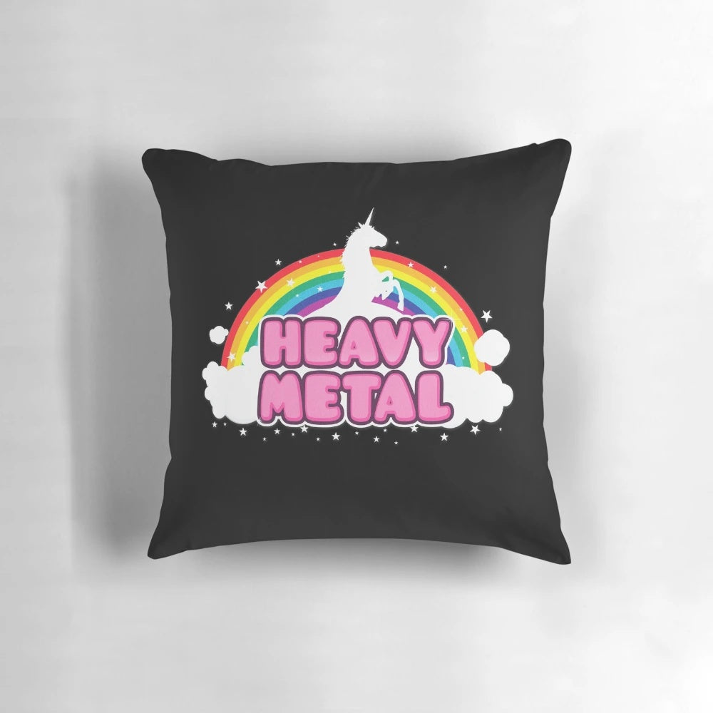 Colorful pillow design featuring a unicorn in a heavy metal/death metal style with a rainbow and satanic symbols, perfect for music fans.