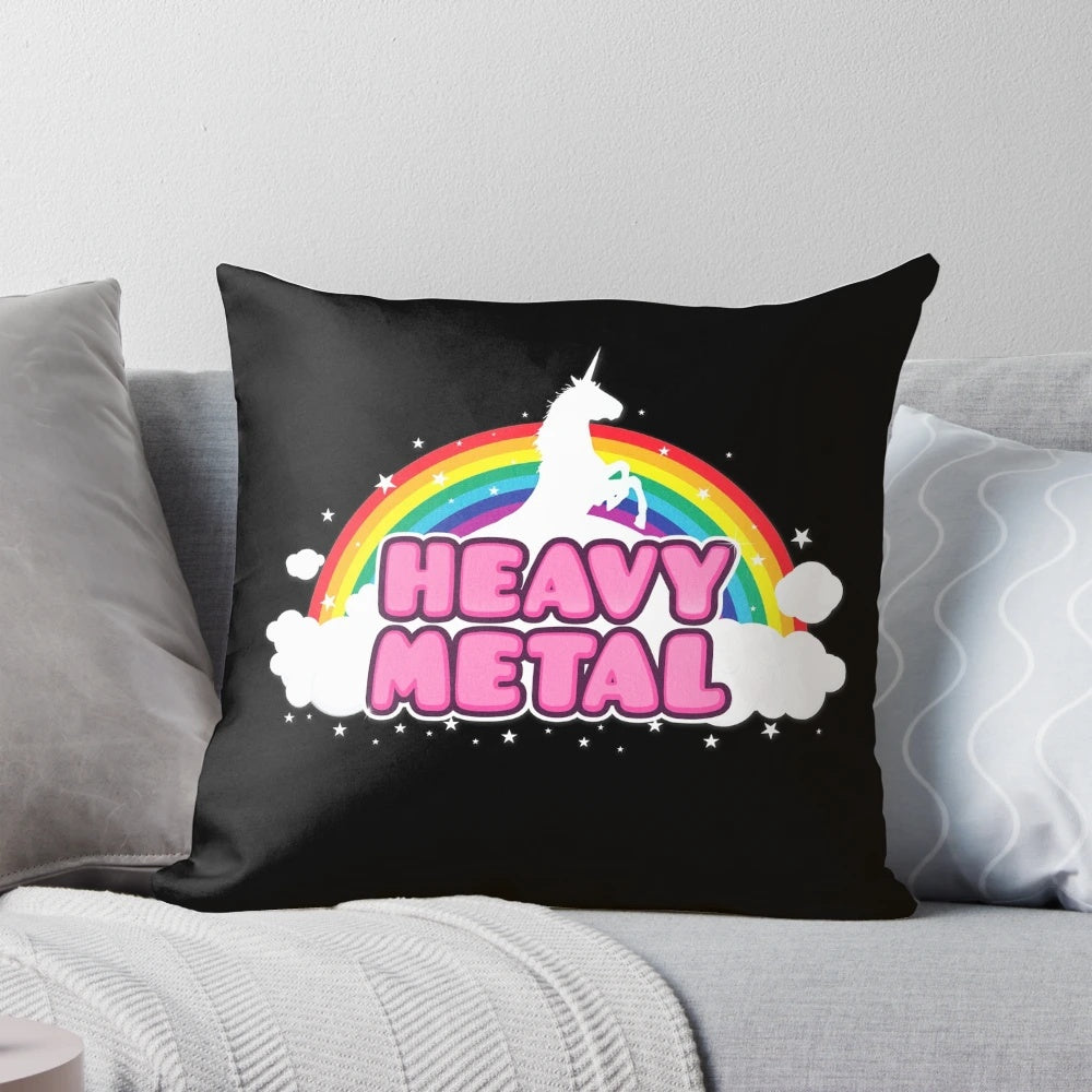 Colorful pillow design featuring a unicorn in a heavy metal/death metal style with a rainbow and satanic symbols, perfect for music fans.