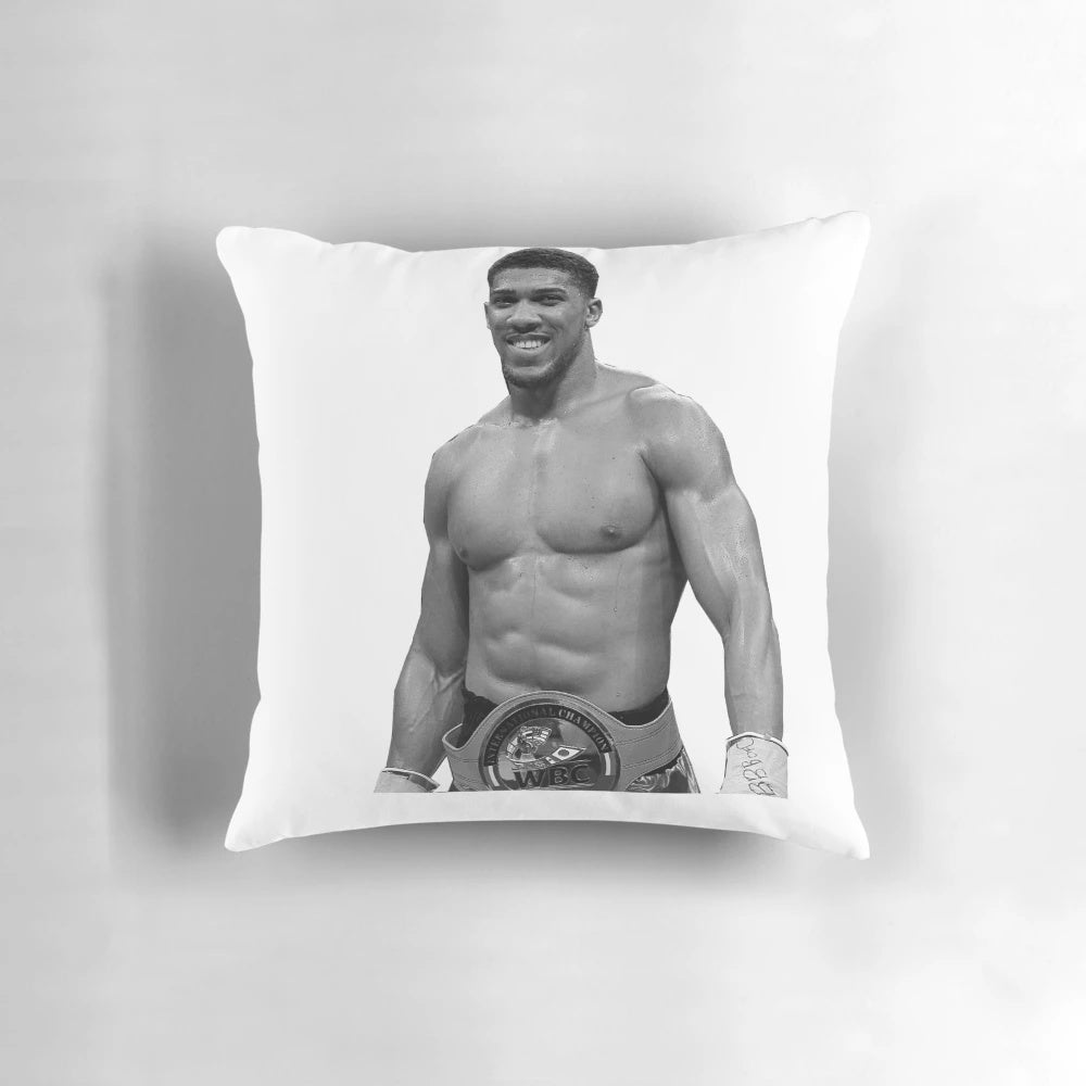 Heavyweight boxing pillow with black and white design, featuring prominent boxer