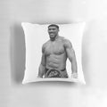 Heavyweight boxing pillow with black and white design, featuring prominent boxer