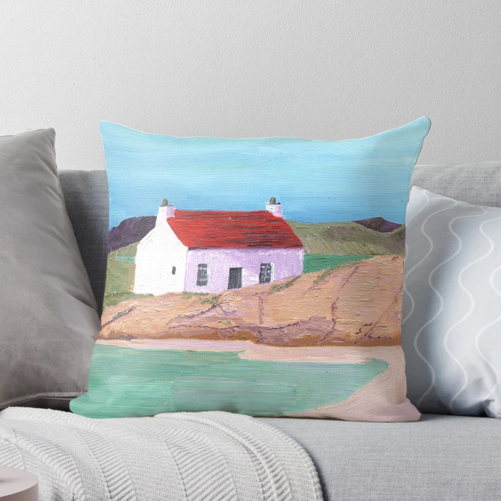Hebridean Bay 2 Pillow with a scenic view of a Scottish cottage near the coast