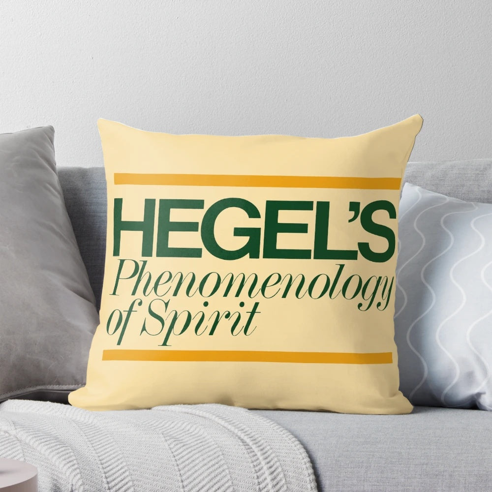 Decorative throw pillow featuring the book cover of Hegel's Phenomenology of Spirit, showcasing the aesthetic and dialectical philosophy of Georg Wilhelm Friedrich Hegel.