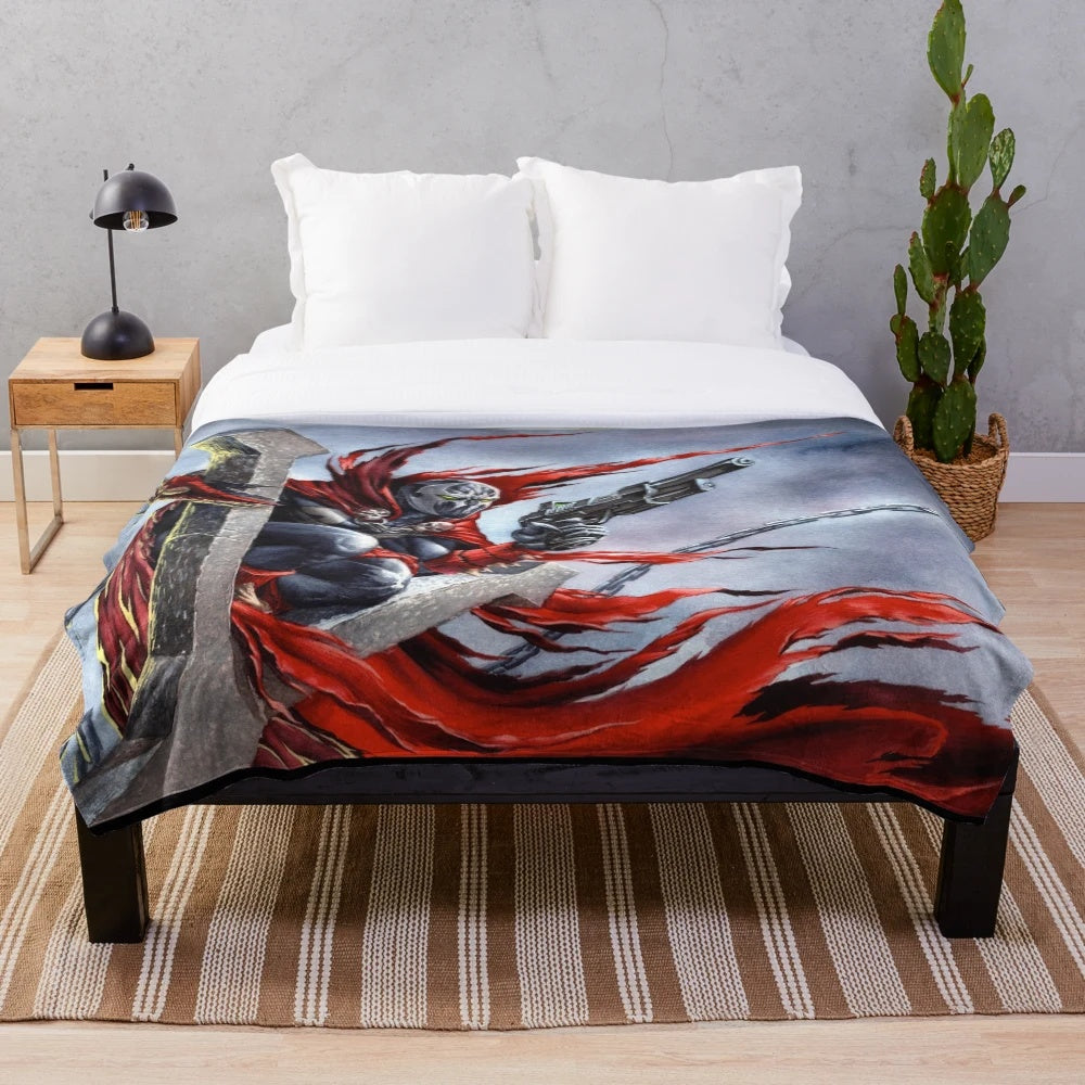 Spawn-inspired plush blanket featuring hellspawn character in watercolor and gouache painting style