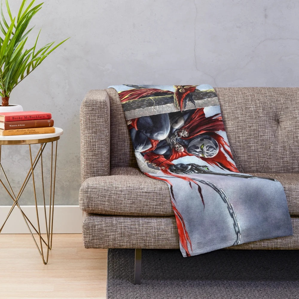 Spawn-inspired plush blanket featuring hellspawn character in watercolor and gouache painting style