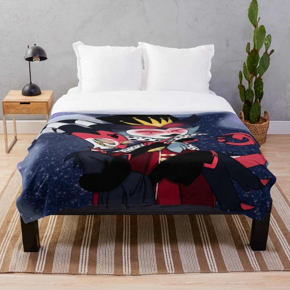 Helluva Boss Blitzo and Stolas plush blanket featuring the characters from the adult animated series