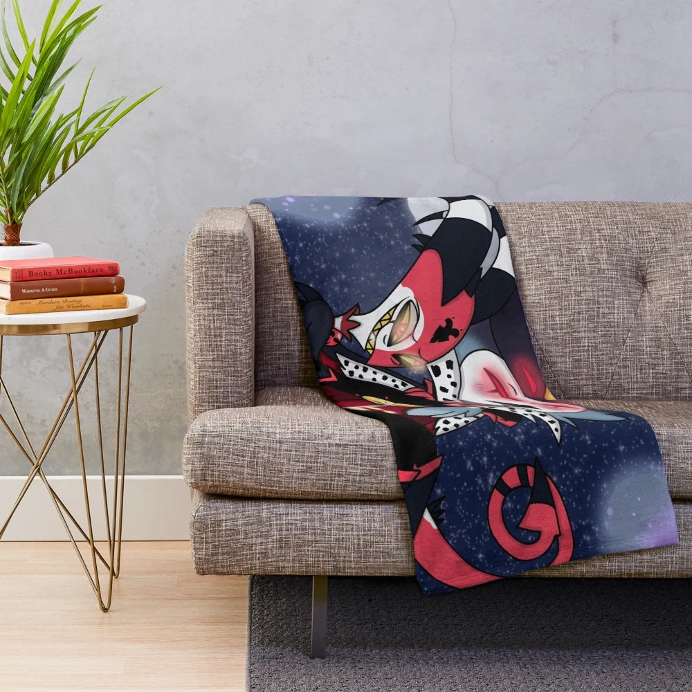 Helluva Boss Blitzo and Stolas plush blanket featuring the characters from the adult animated series
