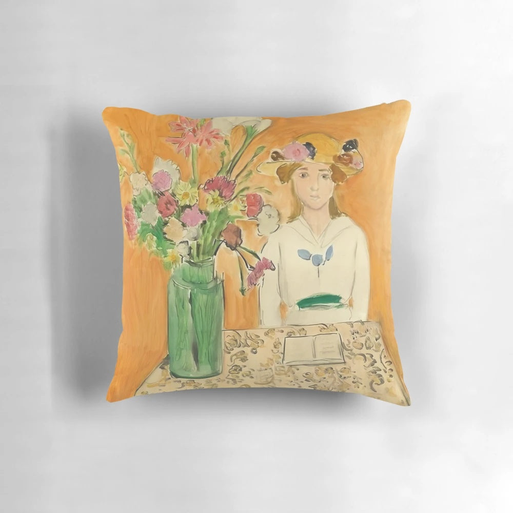 Pillow featuring Henri Matisse's 1919 painting 'Girl in White with a Bouquet