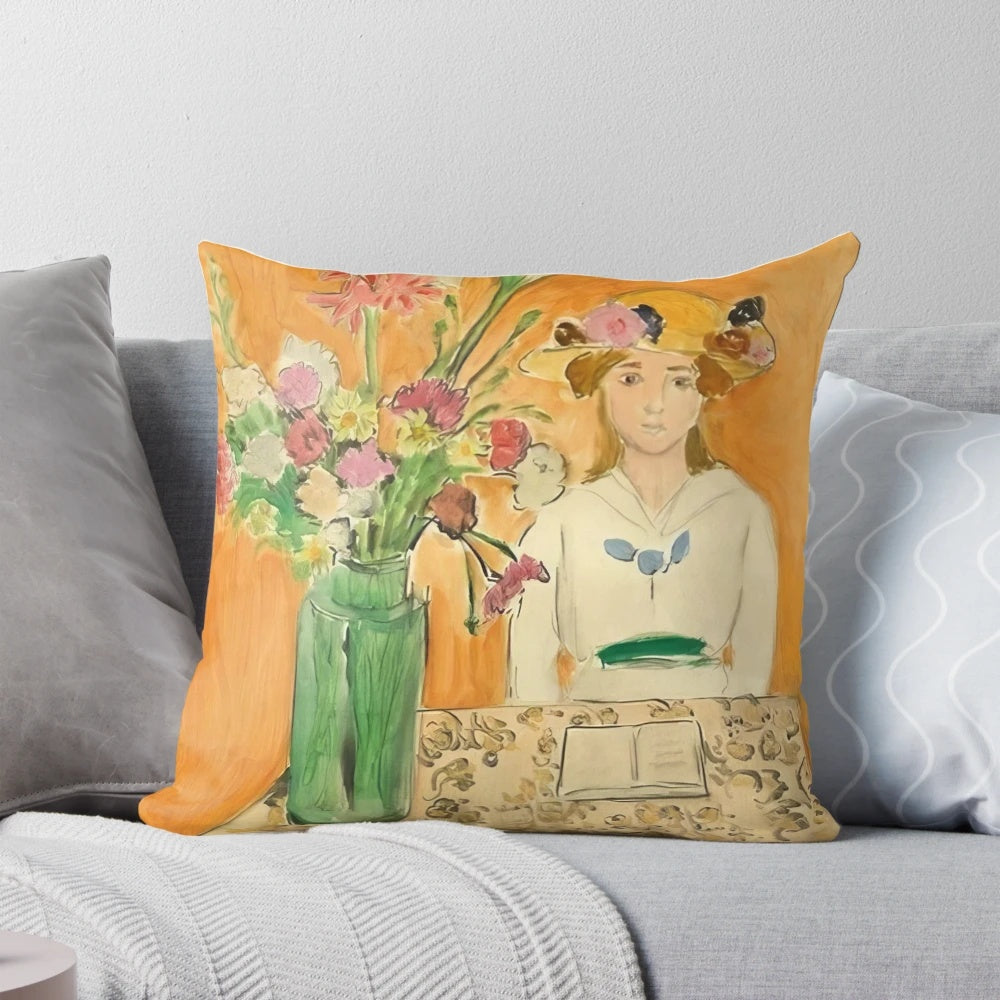 Pillow featuring Henri Matisse's 1919 painting 'Girl in White with a Bouquet