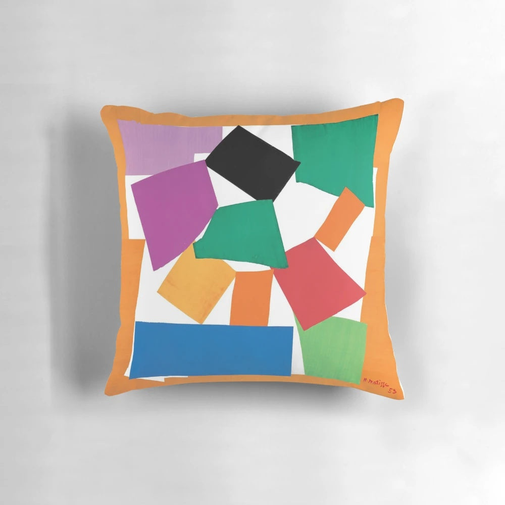 Colorful abstract paper shapes throw pillow inspired by Henri Matisse's artwork "The Snail