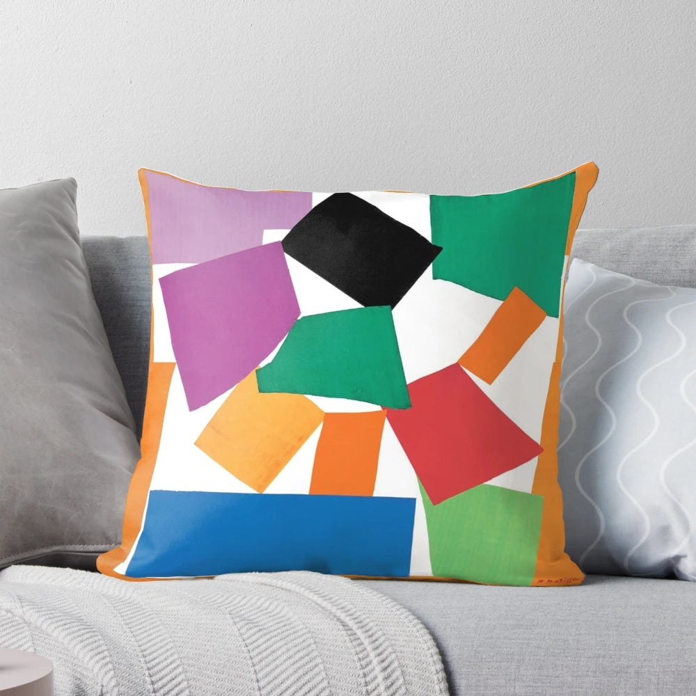 Colorful abstract paper shapes throw pillow inspired by Henri Matisse's artwork "The Snail