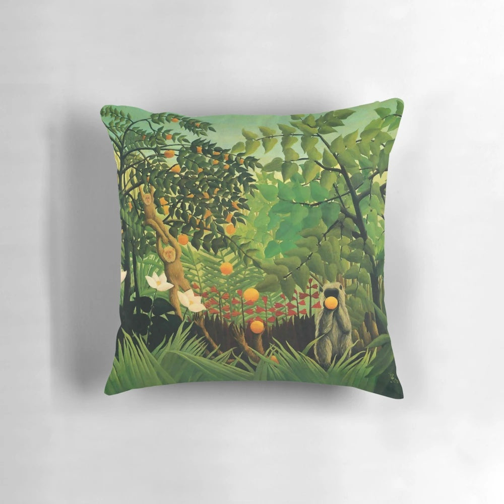 Henri Rousseau's surrealist jungle landscape painting 'Exotic Landscape' printed on a comfortable pillow